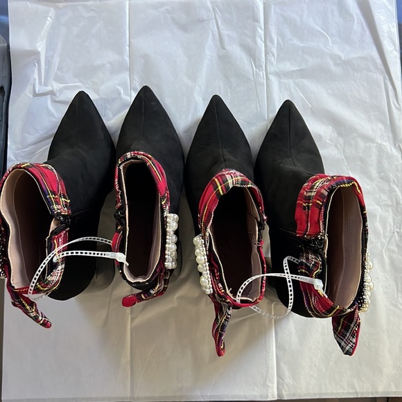 Betsey Johnson Idris Plaid Sash Rhinestone Buckle Booties - Picture 3 of 13
